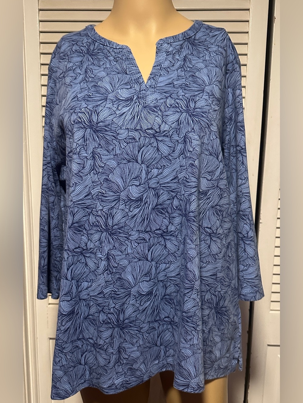 L. L. Bean Blue Floral 3/4 Sleeve Pullover Jersey Tunic Top Women's XL